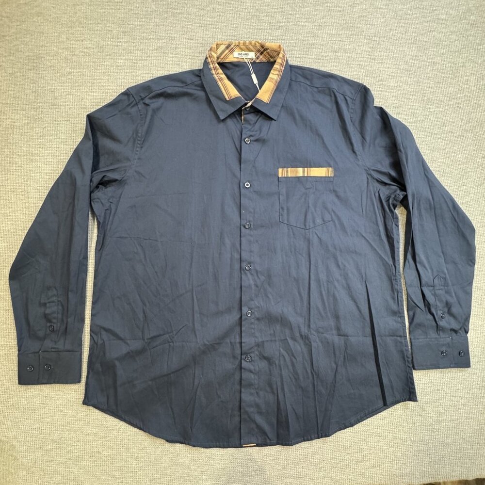 Coofandy Mens Size XXL Shirt Navy Blue Tan Plaid Trim Button-Up Long Sleeve NWT